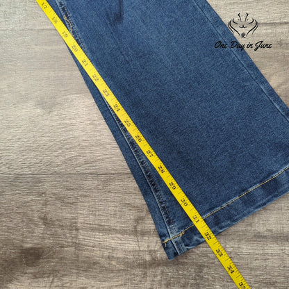 One5One Long High Rise Flare Jeans Distressed Dark Wash NWT Size 8