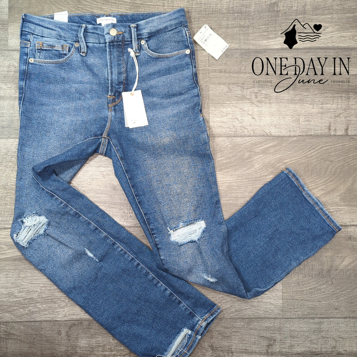 Good American Good Legs Straight Distressed Jeans NWT $155 Indigo128 Size 4
