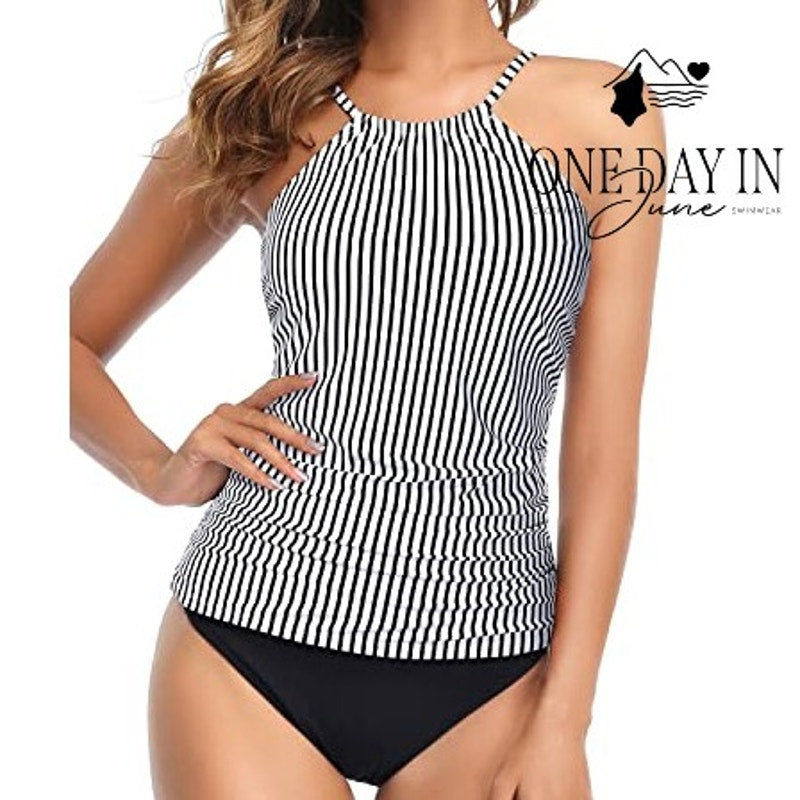 Tempt Me High Neck Striped Tankini Swimsuit Size L