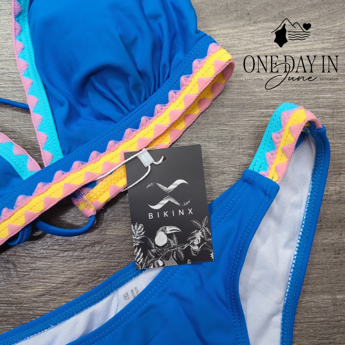 Bikinx Tie Back Triangle Bikini Swimsuit Blue Colorful Trim NWT Size S