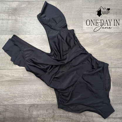 B2Prity Cross Front Cut Out Ruffle One Piece Swimsuit Black NWT Size M