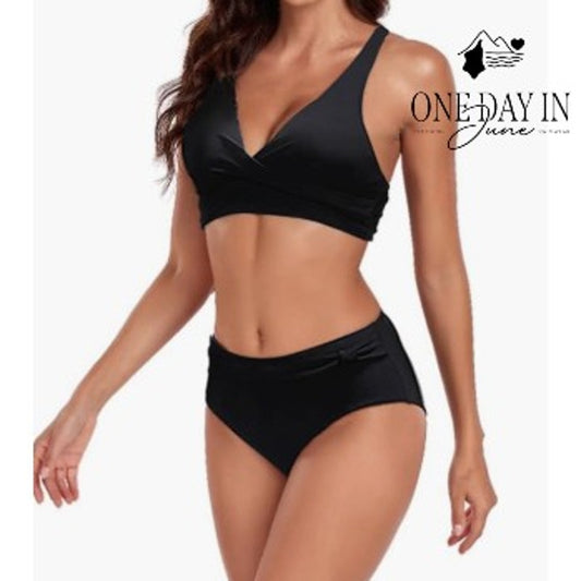 Adisputent Cross Front High Waisted Bikini Swimsuit Black Size S