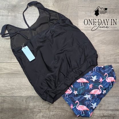 Yonique Blouson Tankini Swimsuit Black Flamingo Print NWT Size L