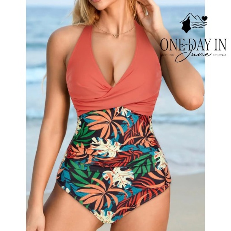 Aleumdr Tropical Twist Front Halter One Piece Swimsuit Size L