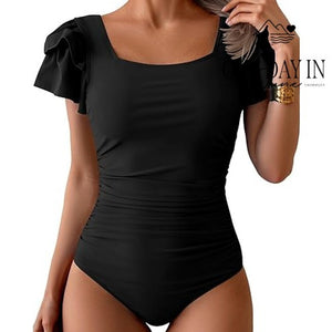 Eomenie Ruffle Shoulder One Piece Swimsuit Black Ruched Square Neck NWT Size M