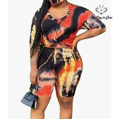 Annystore Plus Size Short Set Casual Tie Dye Bodycon Shorts Size 5XL