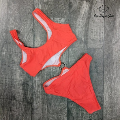 Amzbrly Crop Top One Piece Cut Out Monokini With Metal Ring Size M