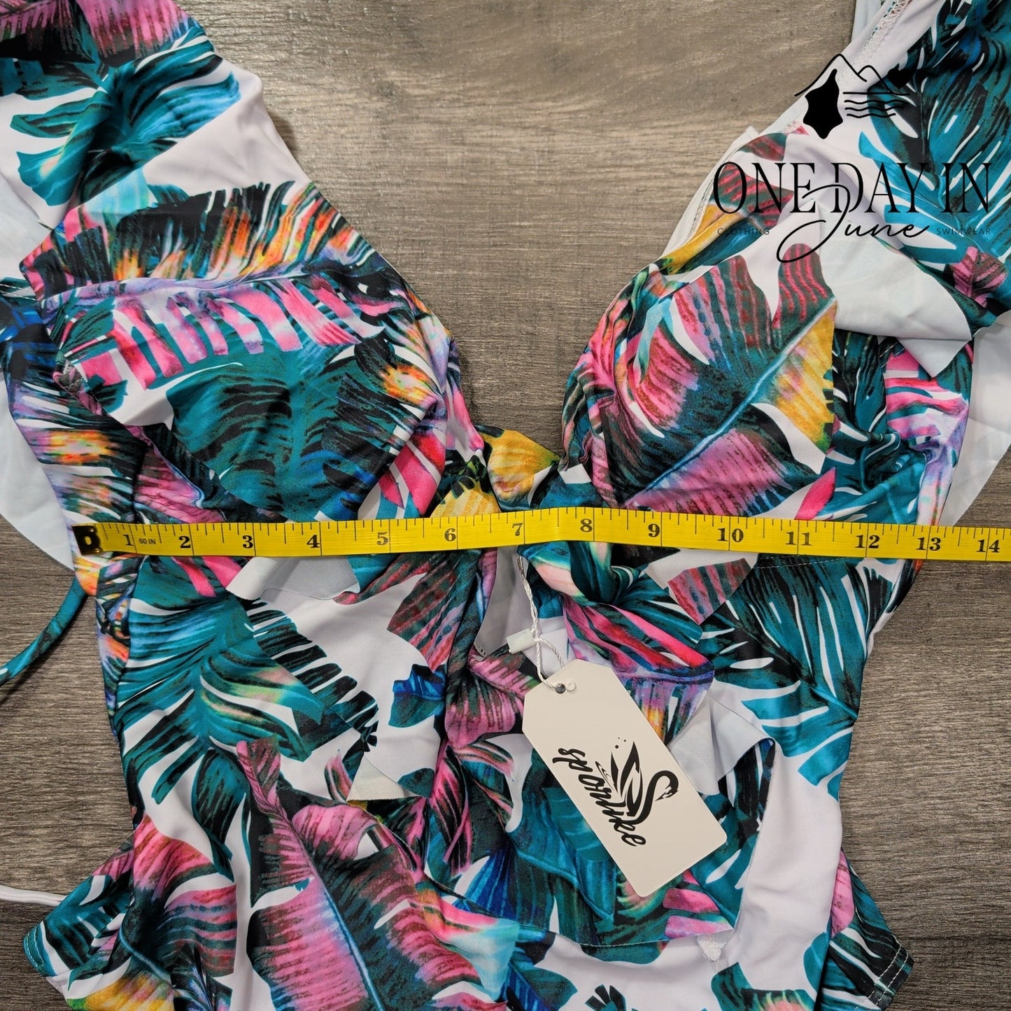 Sporlike Ruffle Shoulder Tropical One Piece Swimsuit Size S