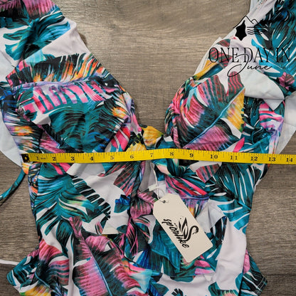 Sporlike Ruffle Shoulder Tropical One Piece Swimsuit Size S