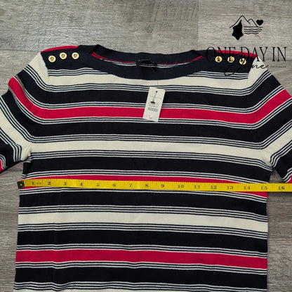 Talbots Striped Knit Sweater Navy Pink Ivory Gold Shoulder Buttons Size XS