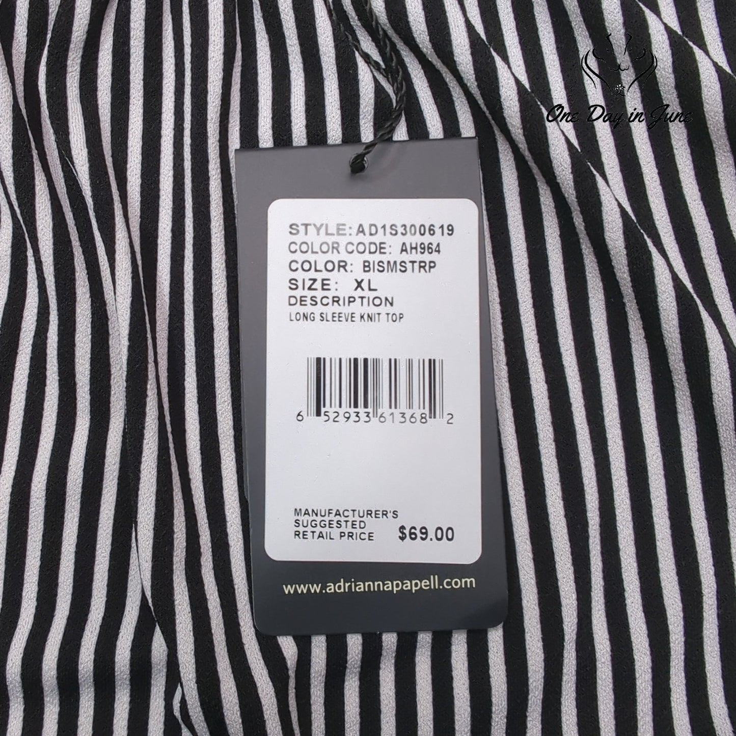 Adrianna Papell Striped Long Sleeve Ruffle Neck Top Black NWT Size XL