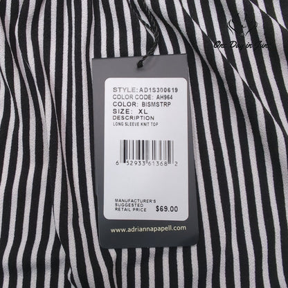 Adrianna Papell Striped Long Sleeve Ruffle Neck Top Black NWT Size XL