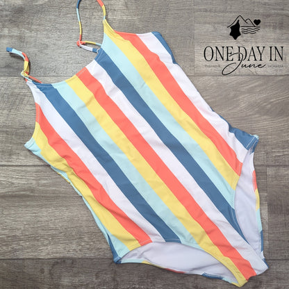 Shekini Retro Striped High Cut Low Back One Piece Swimsuit NWT Size L