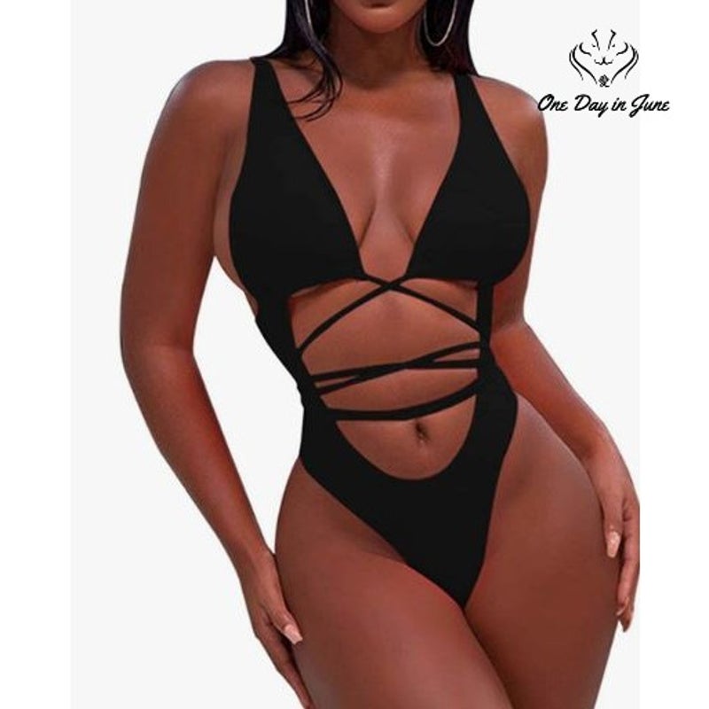 Sovoyontee Black Cutout One Piece Swimsuit Strappy Wrap Monokini Size M