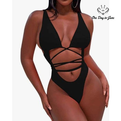 Sovoyontee Black Cutout One Piece Swimsuit Strappy Wrap Monokini Size M