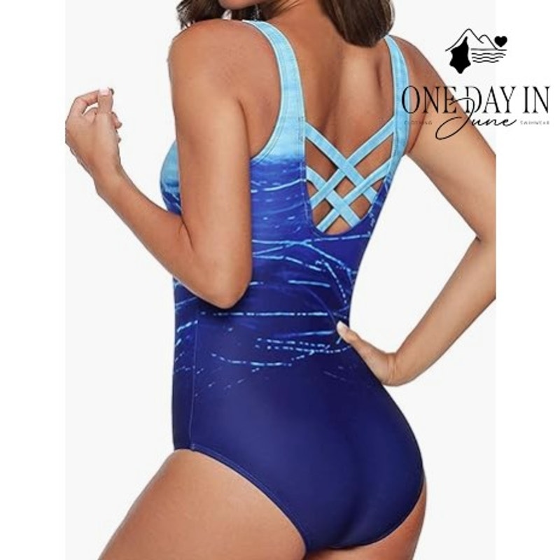Adisputent Cross Back One Piece Swimsuit Blue Ombre Size S