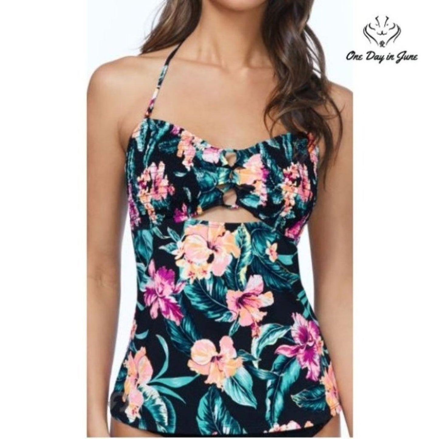 Ambrielle Smocked Floral Tankini Top Size S