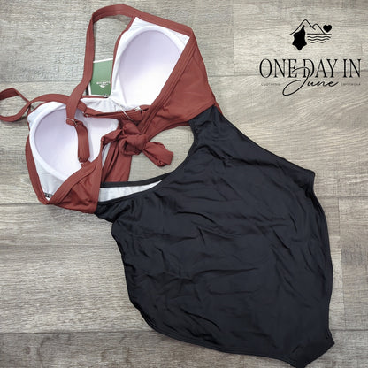 Eomenie Cross Front Cut Out One Piece Swimsuit Brown Black NWT Size S