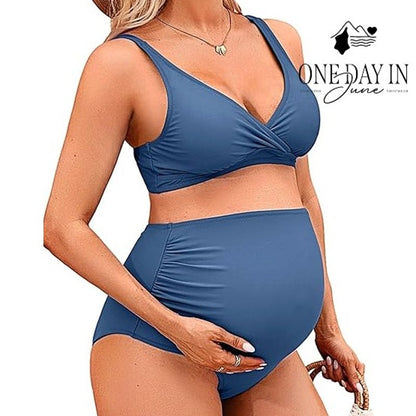 Charmo Maternity Bikini Swimsuit Two Piece Blue High Waist NWT Size S