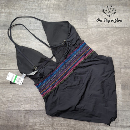 Bar III Smocking Solids Plunge One Piece Swimsuit Black Rainbow NWT Size L