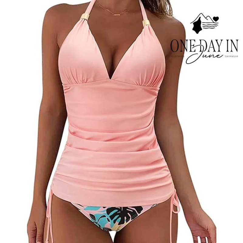 Adisputent Halter Drawstring Tummy Control Tankini Swimsuit Size M