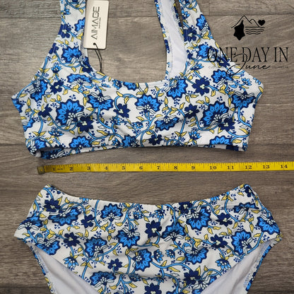 Aimage NWT Floral Crop Bikini Swimsuit Blue White High Waist 2 Piece Size M