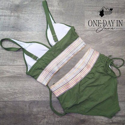 Tempt Me Olive Green Smocked High Waisted Bikini Swimsuit Side Tie NWT Size L
