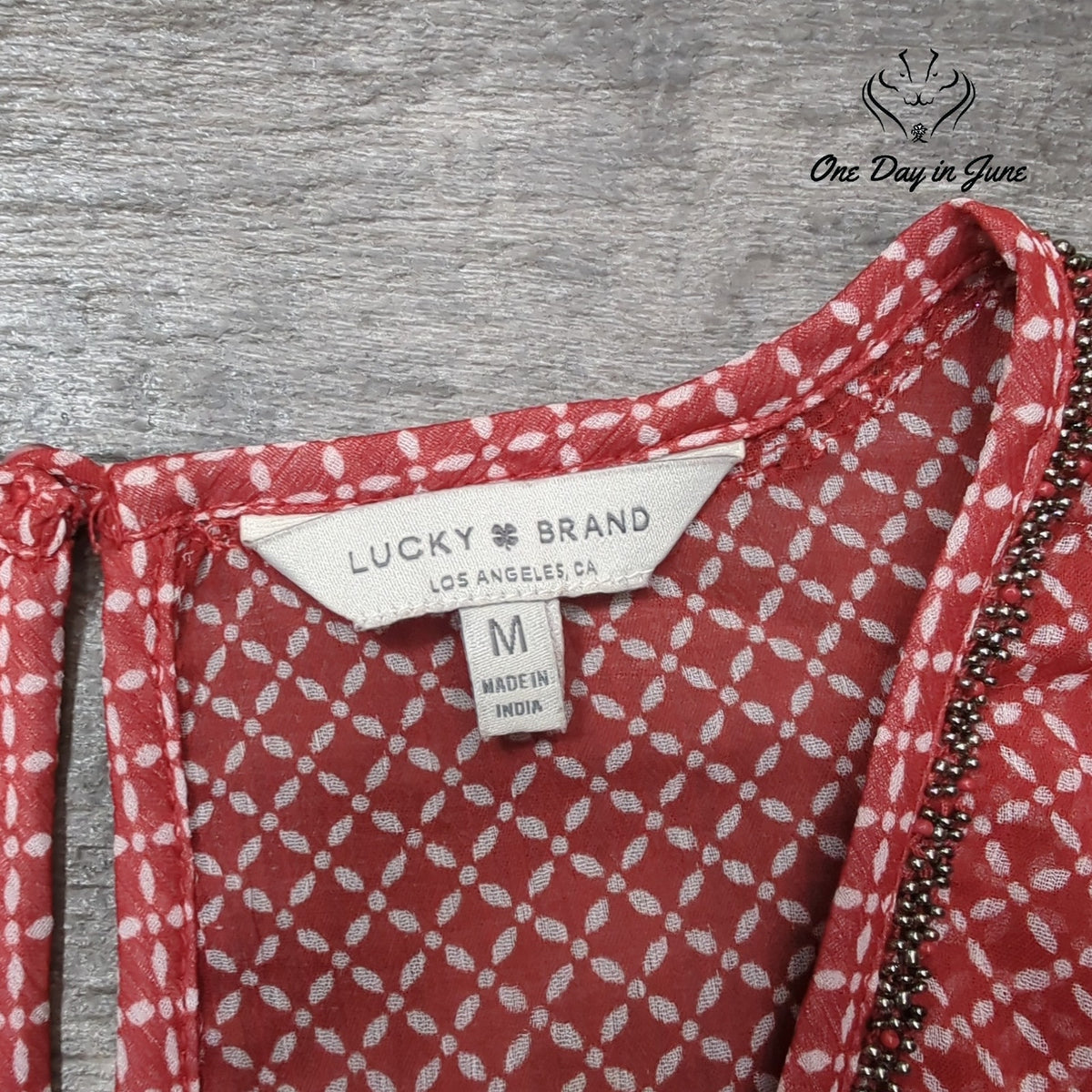 Lucky Brand Cold Shoulder Sheer Floral Print Blouse Red White Size M