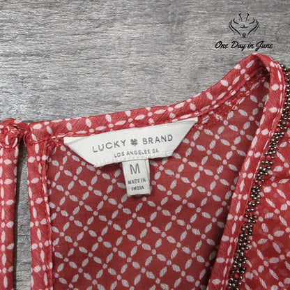 Lucky Brand Cold Shoulder Sheer Floral Print Blouse Red White Size M