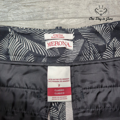 Merona Tropical Leaf Print Stretch Ankle Pants Black White Size 2
