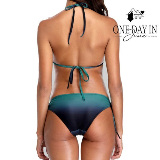 Charmo Ombre Triangle Halter Tie Side Bikini Swimsuit Teal Navy NWT Size M