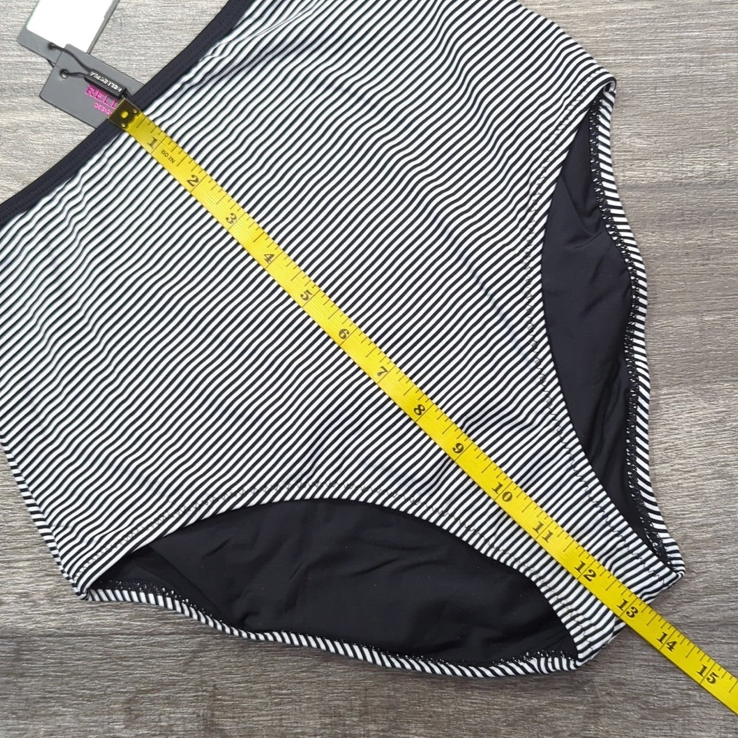 Relleciga High Cut High Waist Bikini Bottom Black White Striped Swimwear Size S