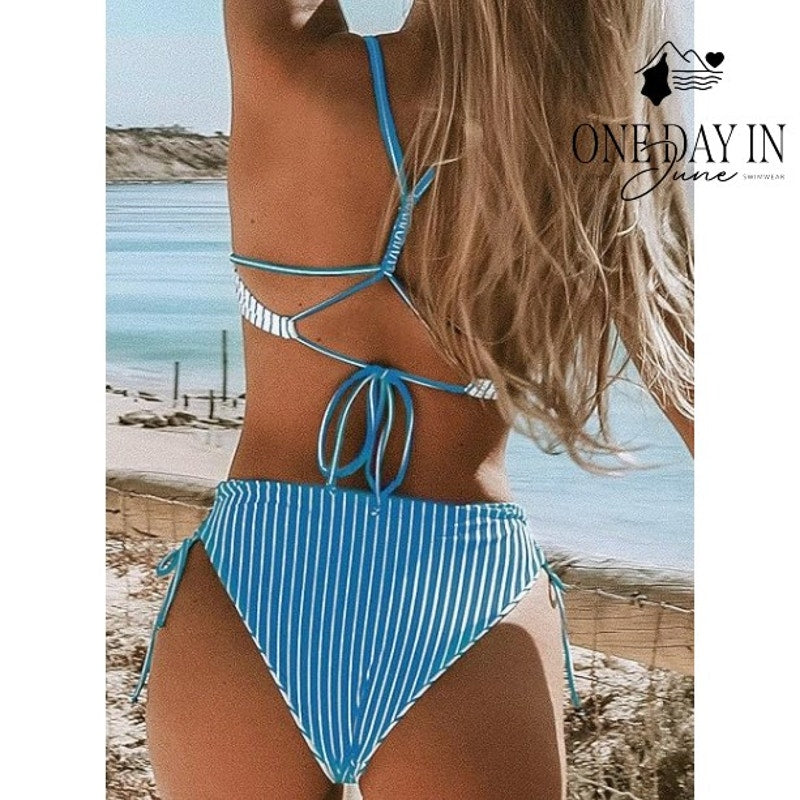 Cupshe Blue White Striped Braided Back Reversible Bikini Swimsuit NWT Size S