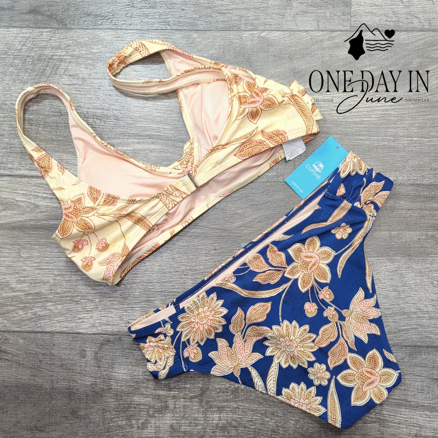 Cupshe Cross Front Bikini Swimsuit Floral Cream Navy Blue Two Piece NWT Size XL