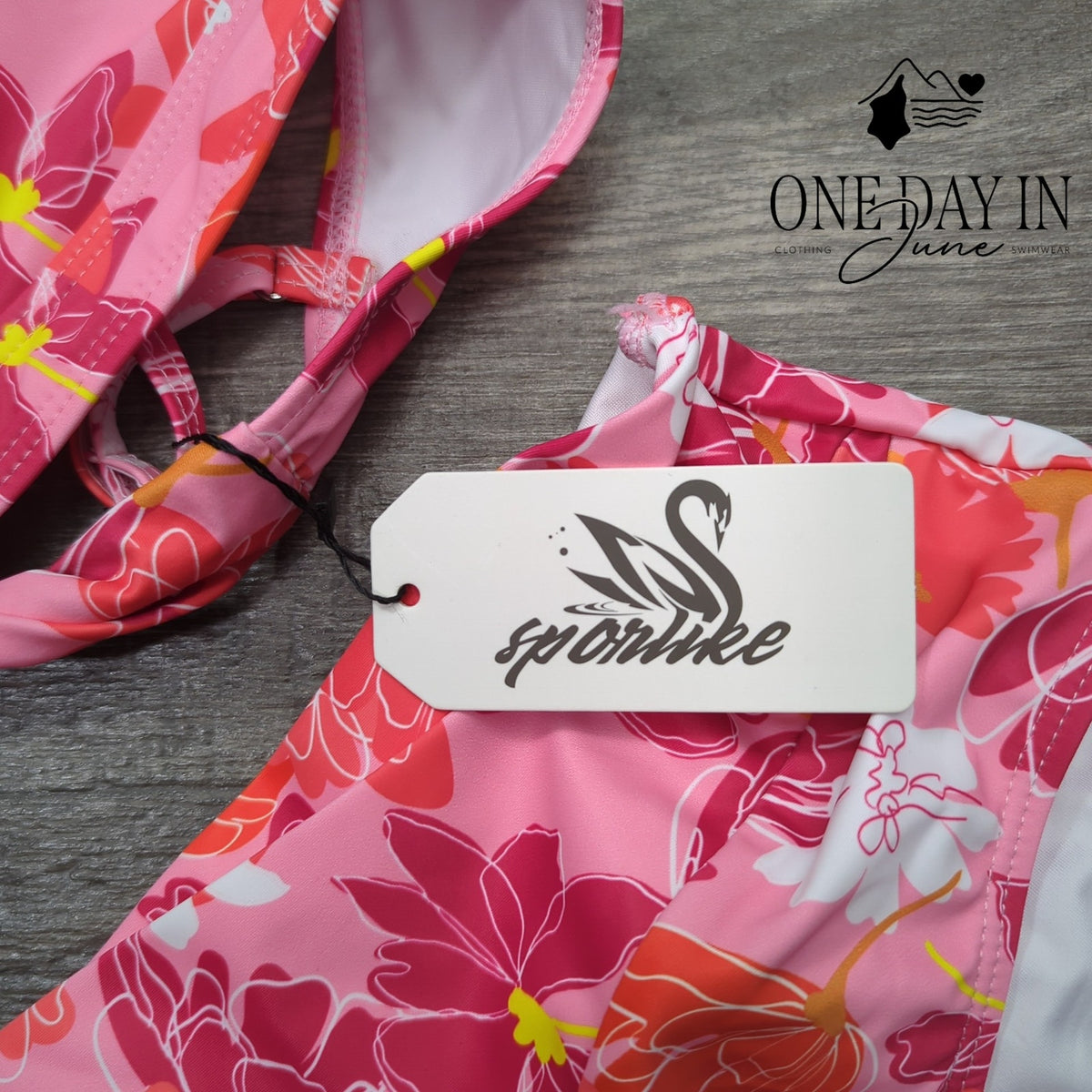 Sporlike Floral Ruffle Shoulder High Waist Bikini Swimsuit Pink NWT Size L
