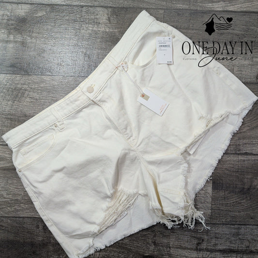 Good American Cut Off Denim Shorts Cloud White Frayed Hem NWT Size 16