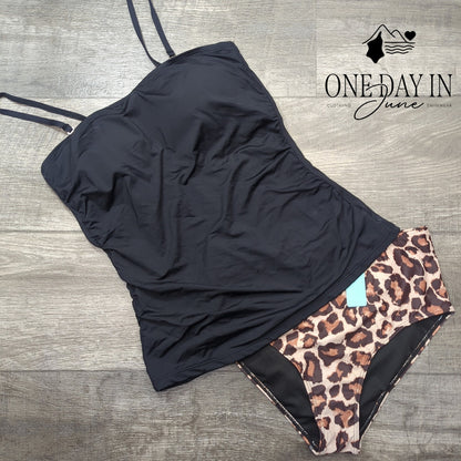 Aqua Eve Bandeau Tankini Swimsuit Black Leopard Print Ruched NWT Size S
