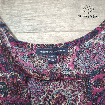 American Eagle Outfitters Paisley Boho Long Sleeve Top Purple Pink Size M
