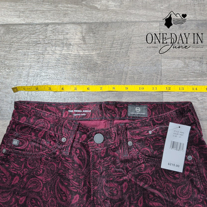 AG Adriano Goldschmied Prima Ankle Velveteen Jeans Burgundy Paisley NWT Size 4