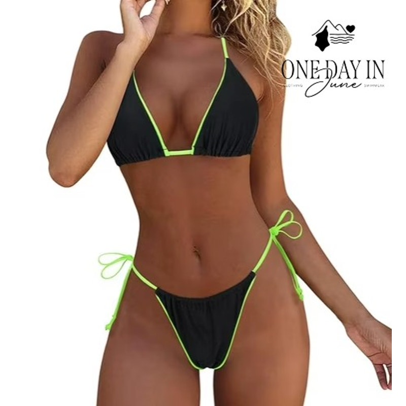 CharmLeaks Womens Triangle Tie Side Bikini Swimsuit Black Neon Green Size L