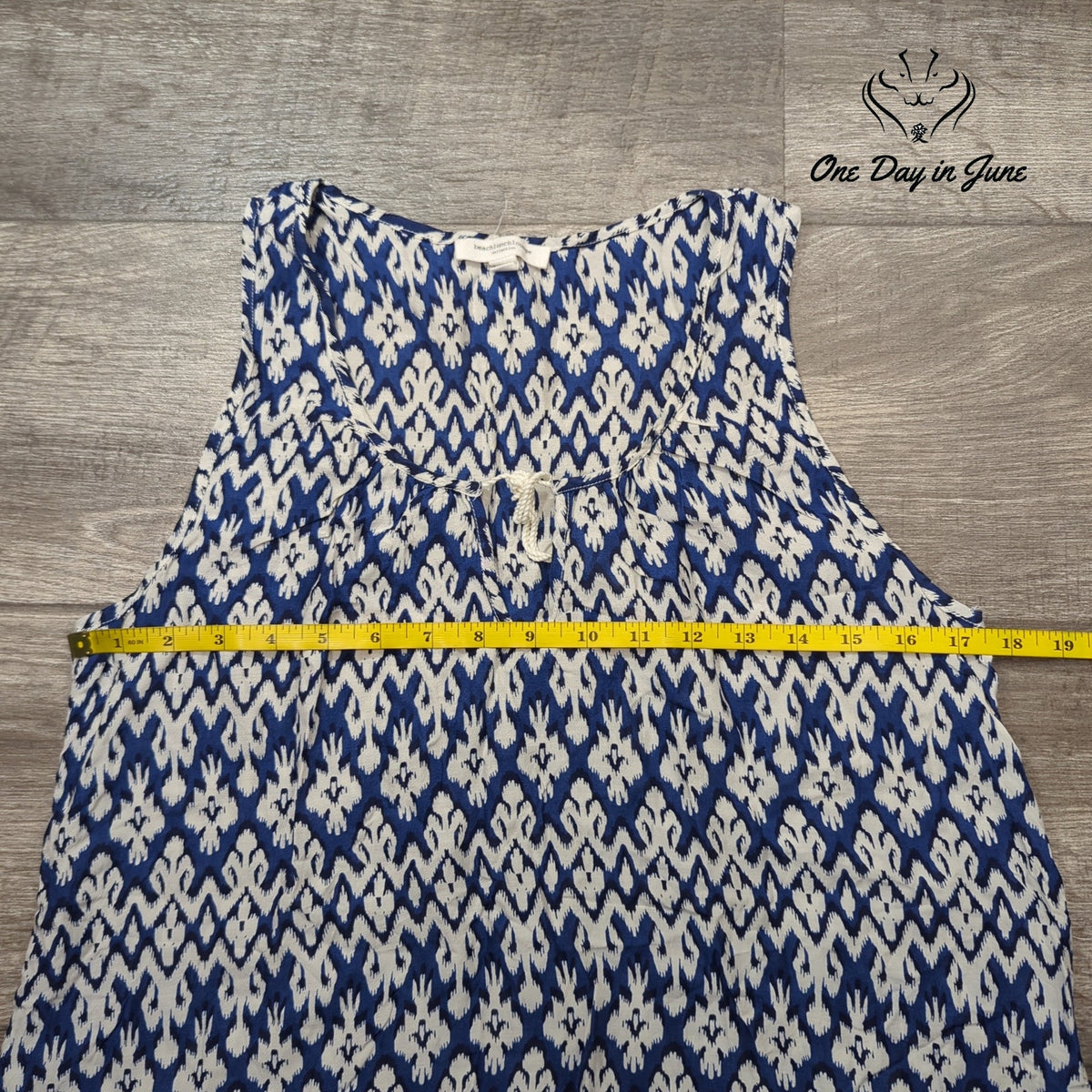 BrachLunchLounge Sleeveless Tank Top Blue White Ikat Print Boho Size S