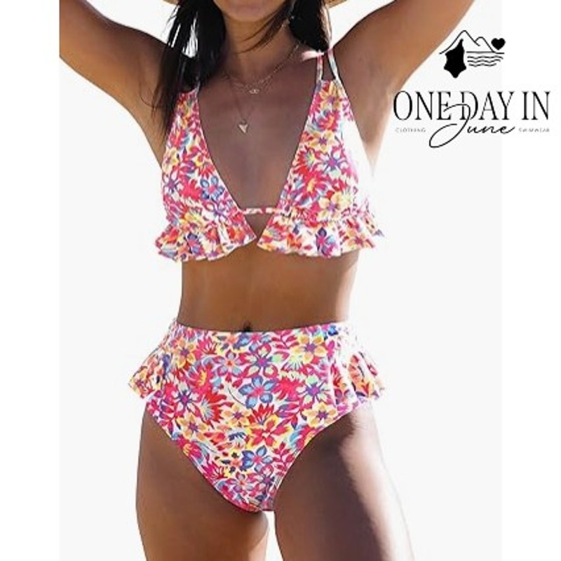 Sporlike Womens Floral Ruffle Triangle High Waist Bikini Swimsuit NWT Size S