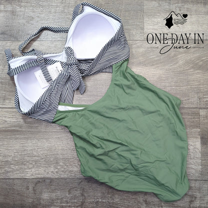 Eomenie Cross Front Cutout One Piece Swimsuit Olive Green Striped NWT Size M