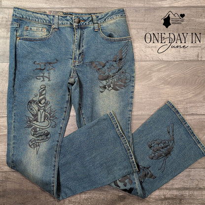 Ed Hardy Low Rise Bootcut Jeans Tattoo Mother Graphic Medium Tint NWT Size L