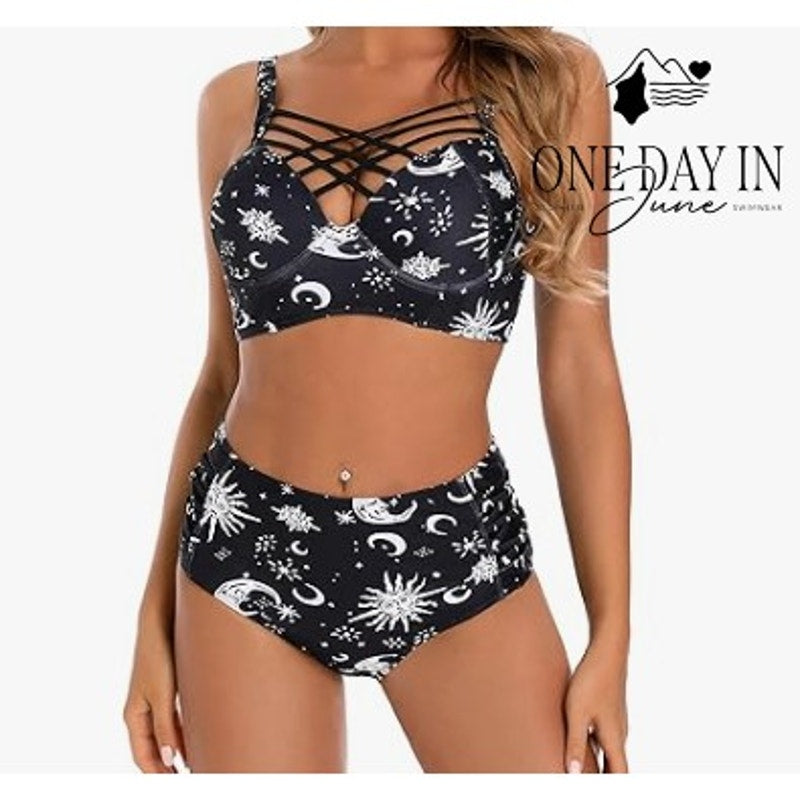 Aleumdr Celestial Print Cage Front High Waist Bikini Black White Size XL