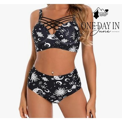 Aleumdr Celestial Print Cage Front High Waist Bikini Black White Size XL
