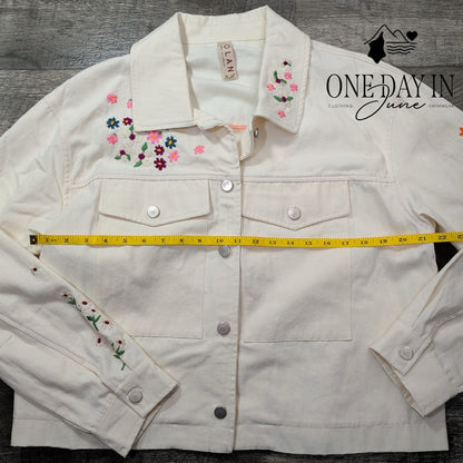Dolan Anthropologie Floral Embroidered Denim Jacket Cream Size XL