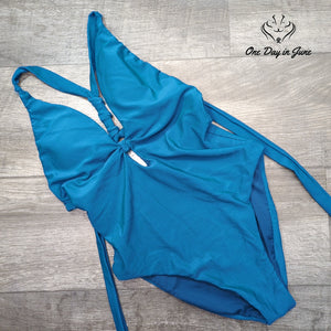 Bar III Like It Or Knot Ribbed One Piece Swimsuit Marine Blue NWT $88 Size M