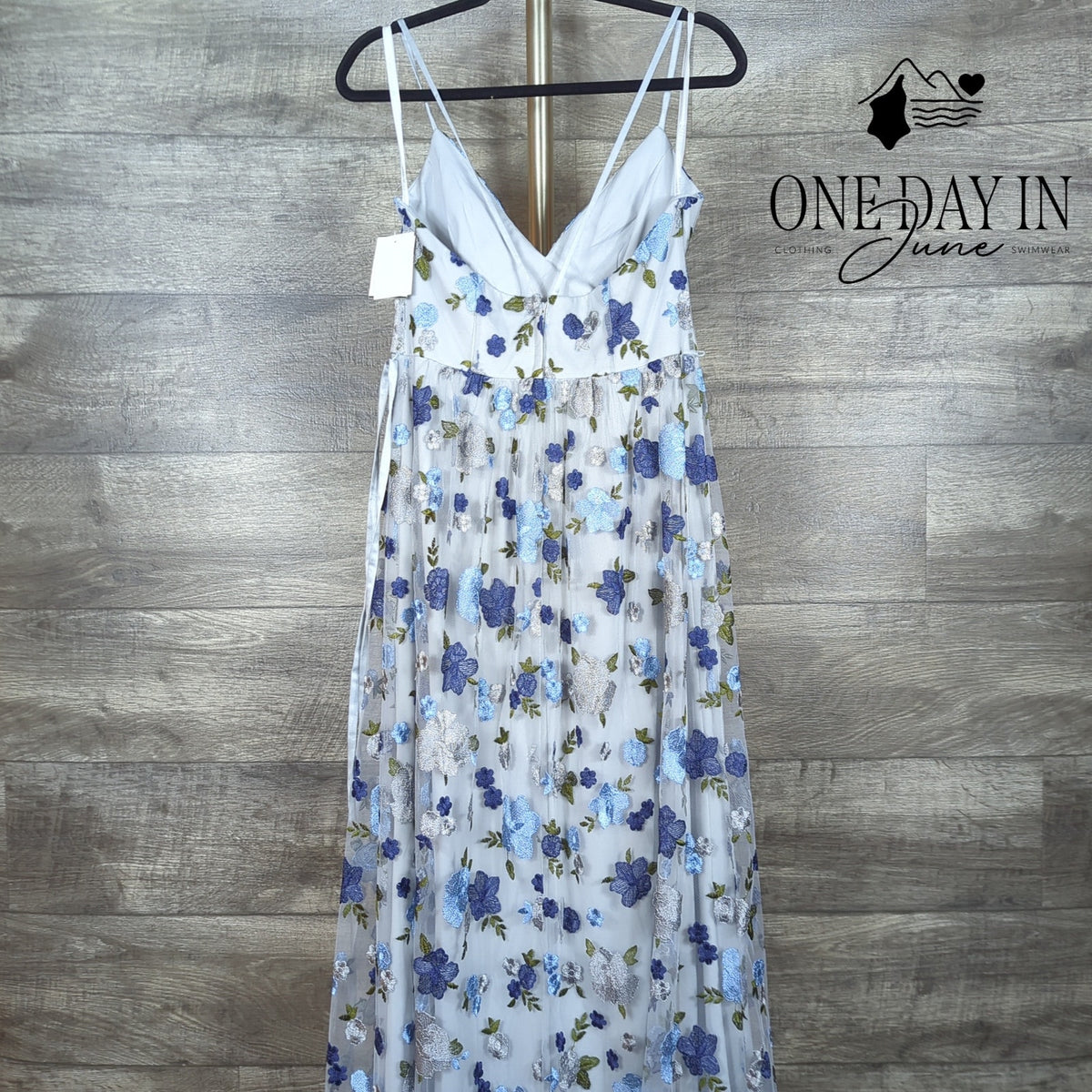 David's Bridal Floral Embroidered Mesh Maxi Dress Mystic Blue NWT Size 8