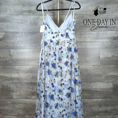 David's Bridal Floral Embroidered Mesh Maxi Dress Mystic Blue NWT Size 8